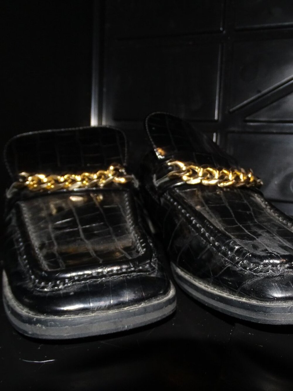 Nasty Gal x Z Code Z Black Reptile Square Toe Mules Size 6 Gold Chain Collab